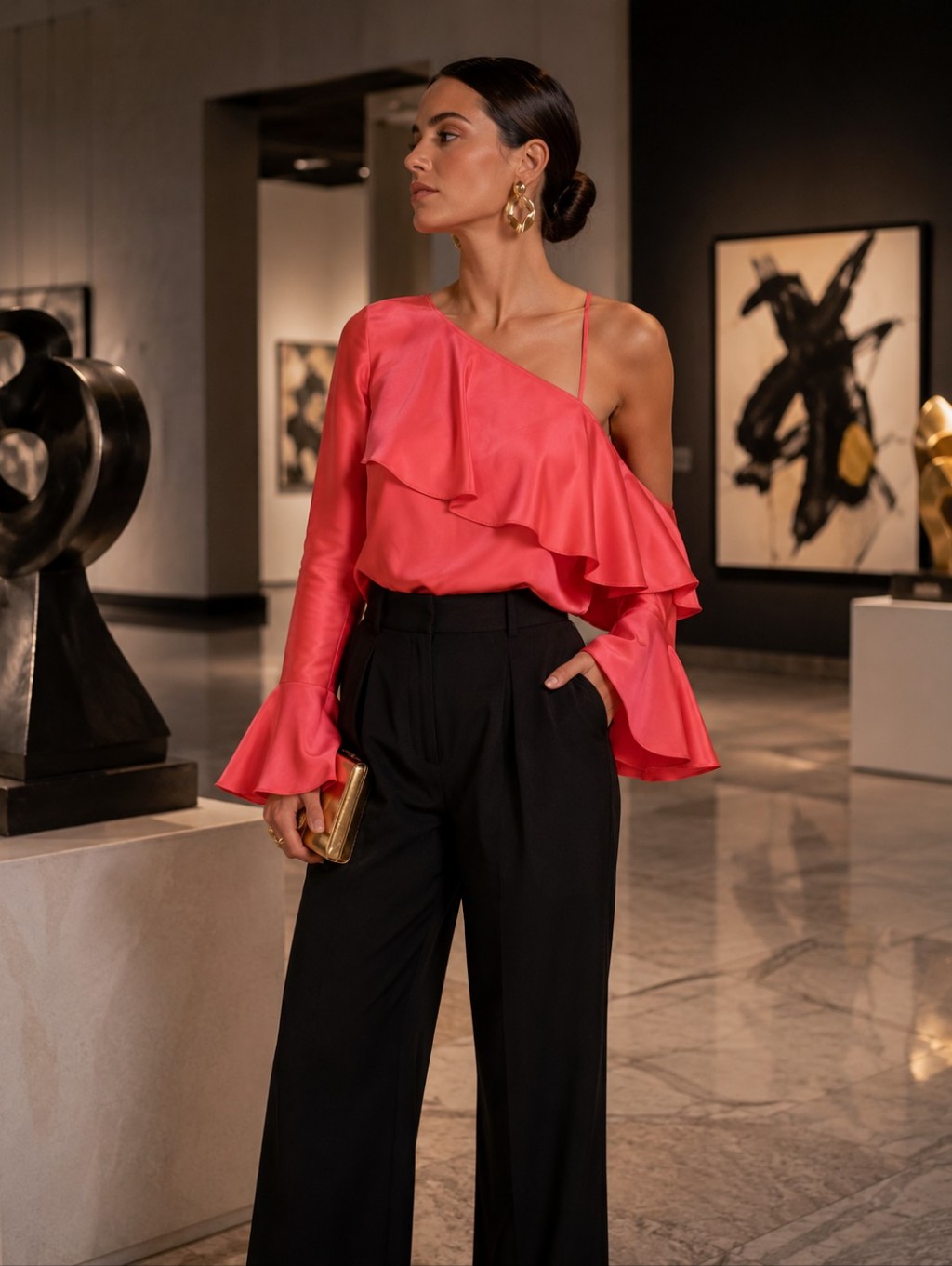 J.Crew Parker Silk One Shoulder Bell Sleeve Top Brilliant Poppy Large